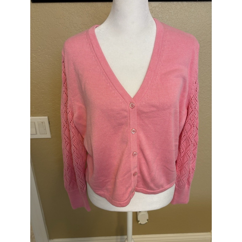 Isaac Mizrahi Pink V Neck Cardigan With Pointelle Crochet Sleeves, Large